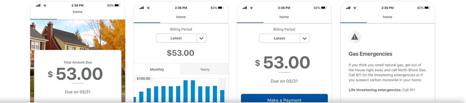 North Shore Gas app screens showing outage, payment, bill examples